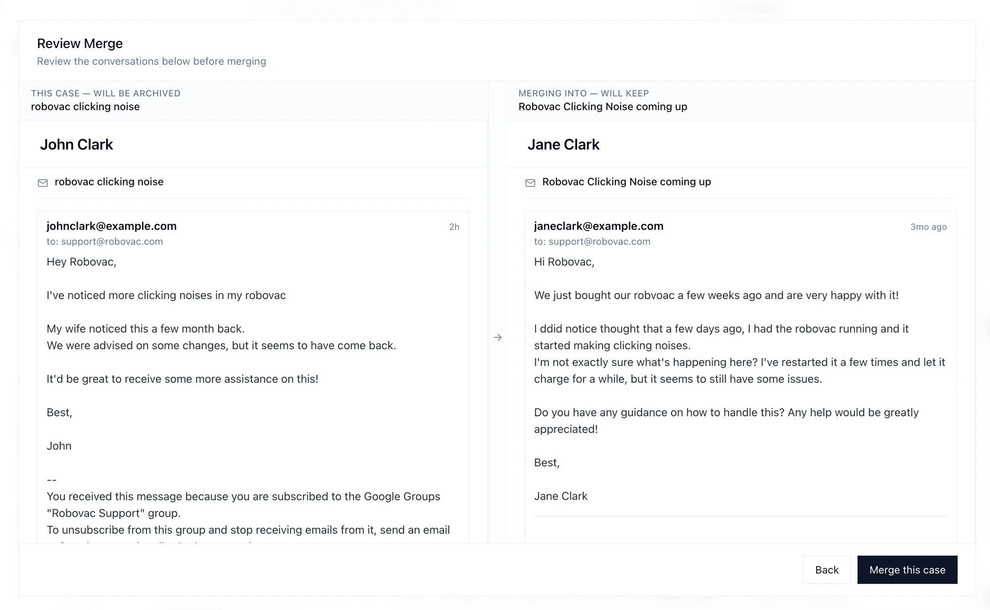 Review merge screen showing both conversations side by side