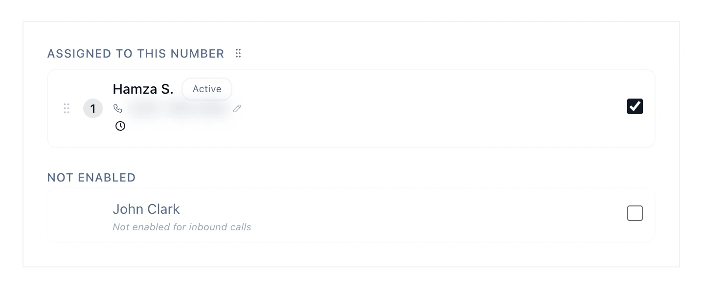 Agent assignment showing enabled and not enabled agents for inbound calls
