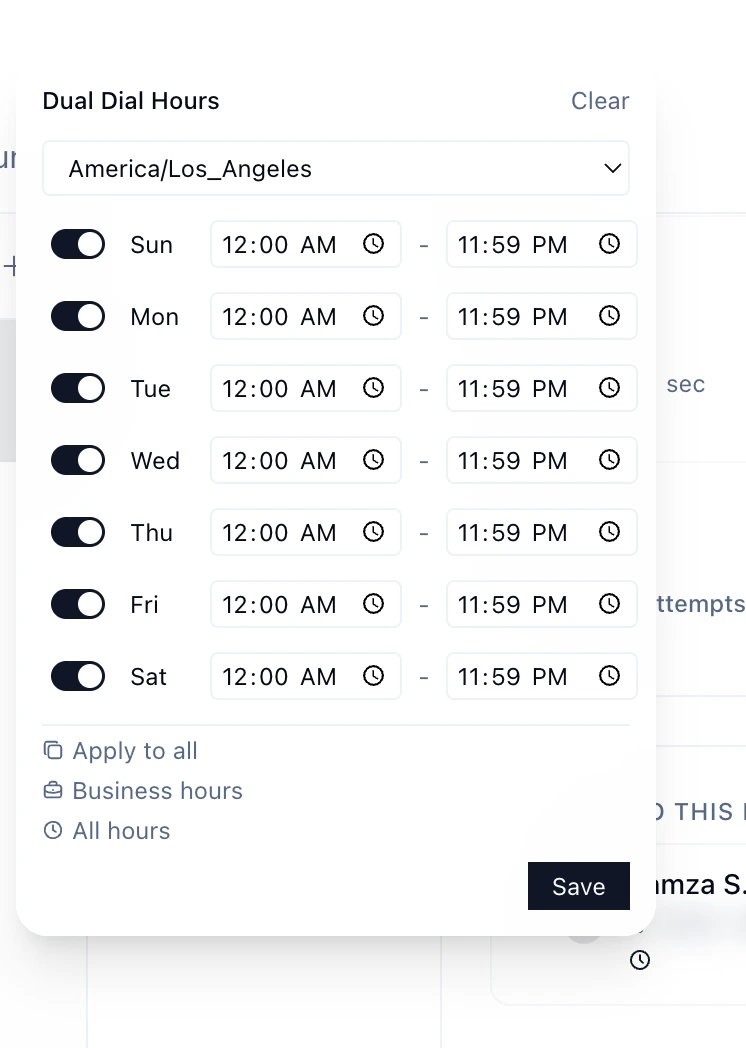Call window editor with per-day schedule and timezone