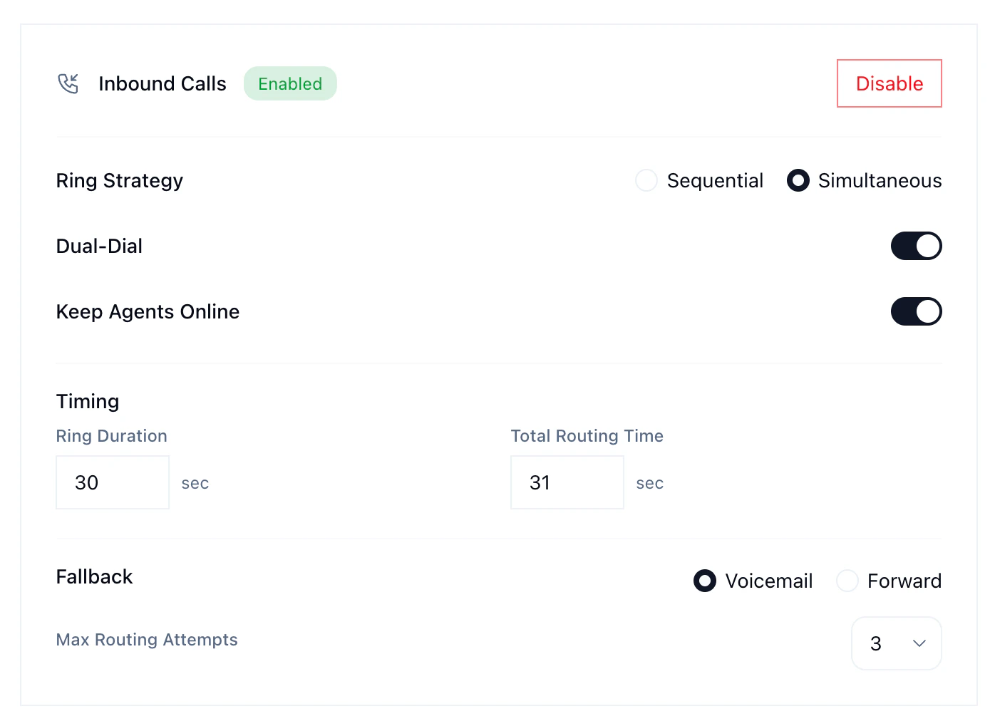Inbound call settings showing ring strategy, dual-dial, timing, and fallback options