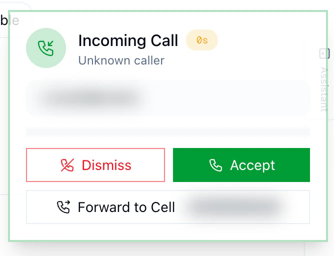 Incoming call popup showing accept, dismiss, and forward to cell options