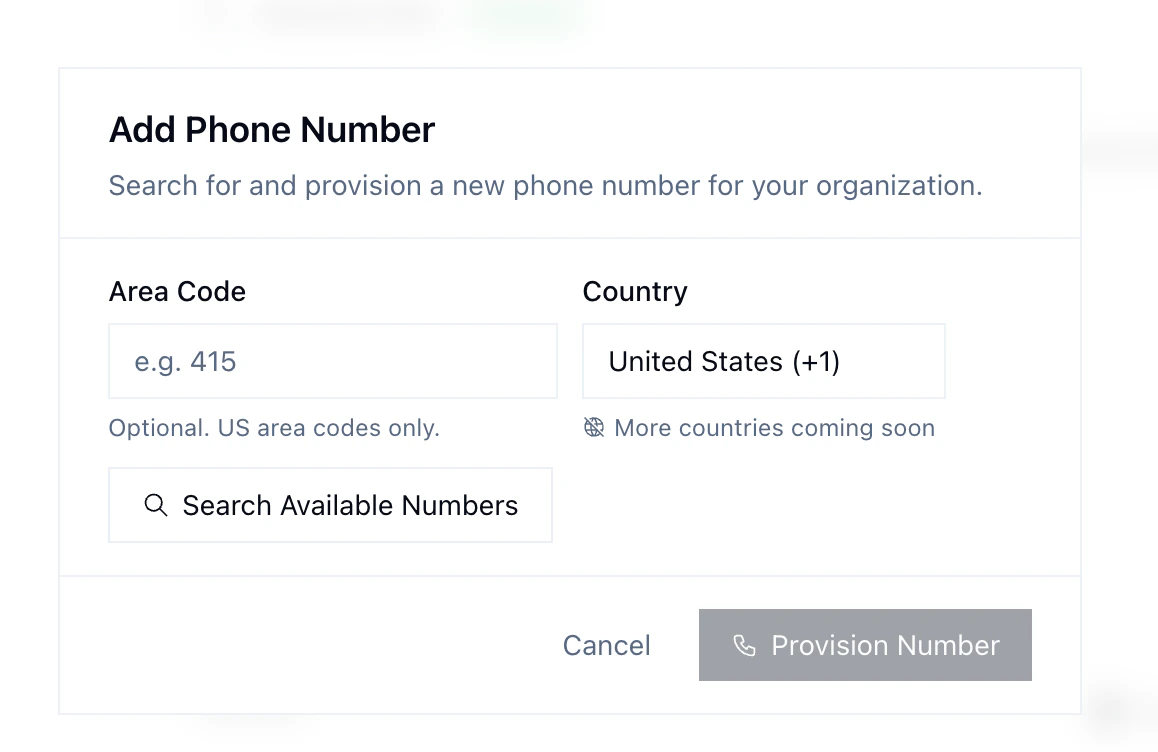 Add phone number dialog with area code and country selection