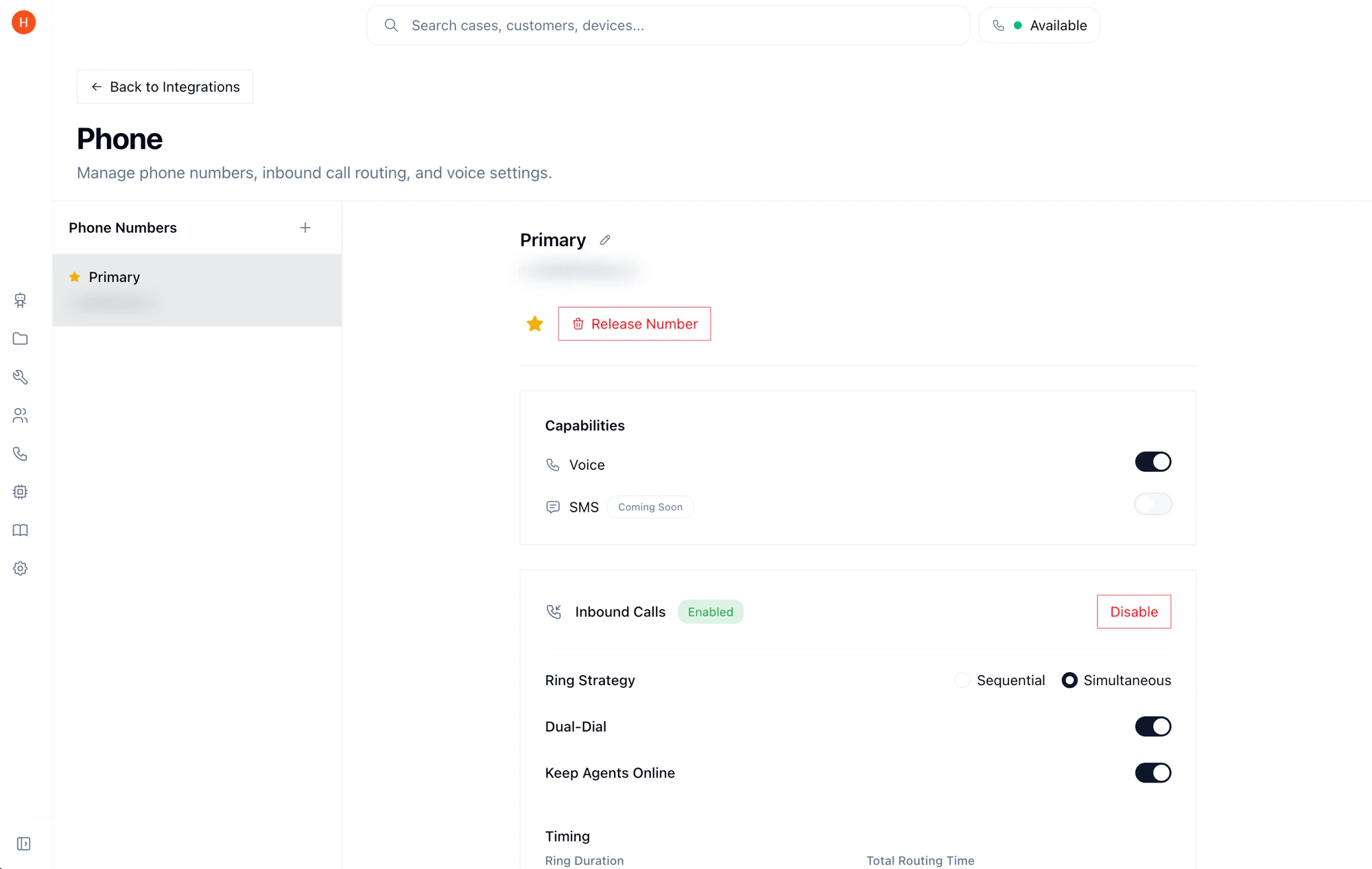 Phone integration settings showing phone numbers, capabilities, and inbound call routing