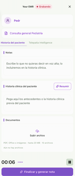Telepatia Embed recorder home screen