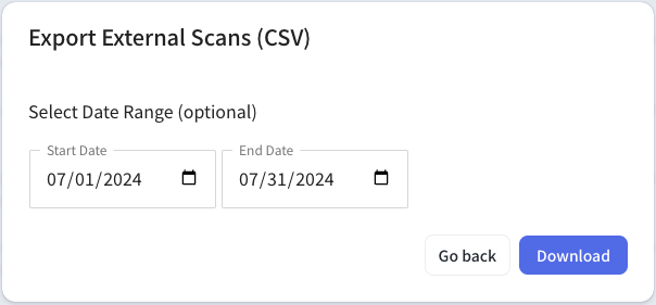 Timeframe selection dialog for the external scans CSV export