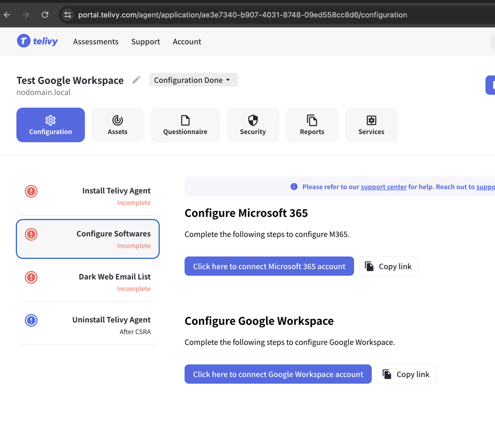 Google Workspace configuration screen in a Telivy risk assessment