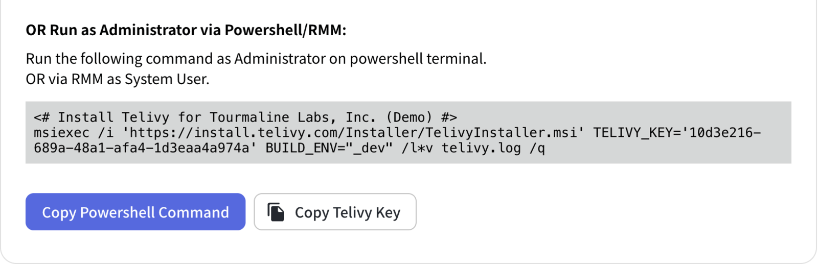 RMM install command in the assessment configuration section