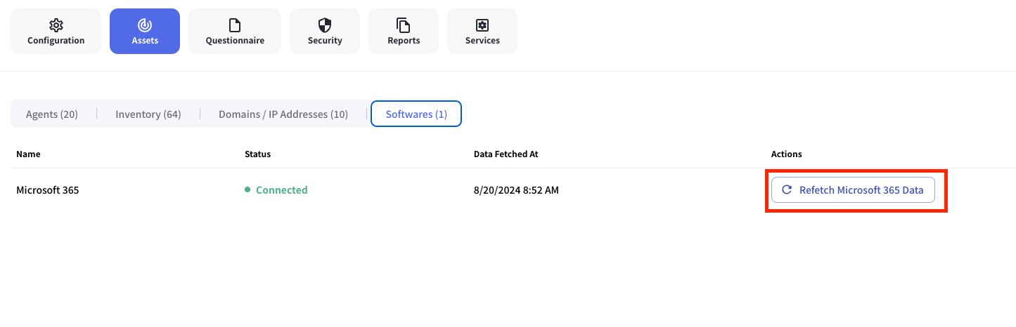 Refetching Microsoft 365 data from Assets, Softwares, M365 Security
