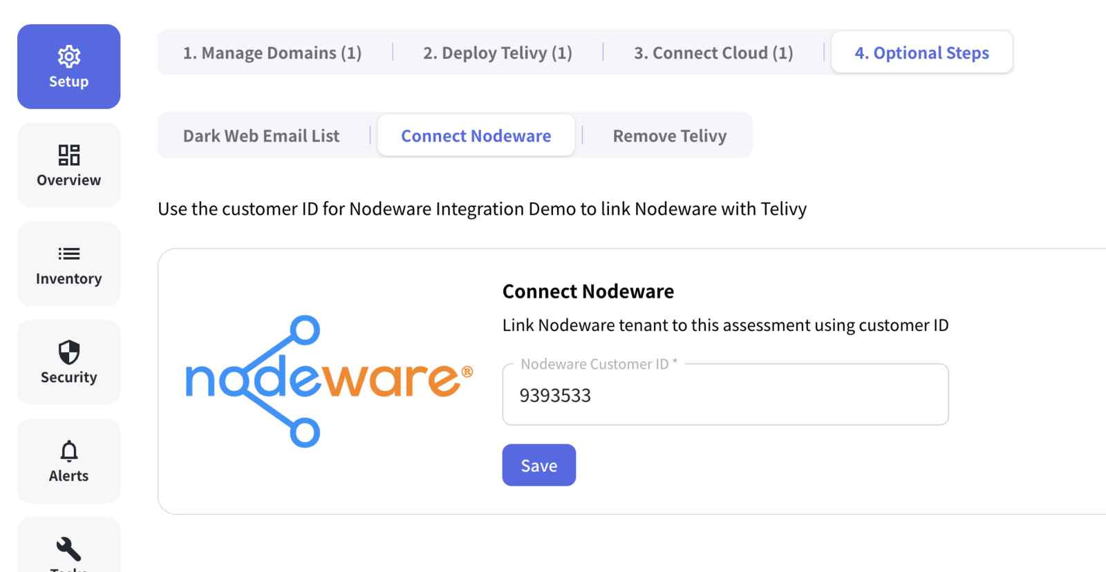Connect Nodeware and add the Customer ID under Setup > Optional Steps