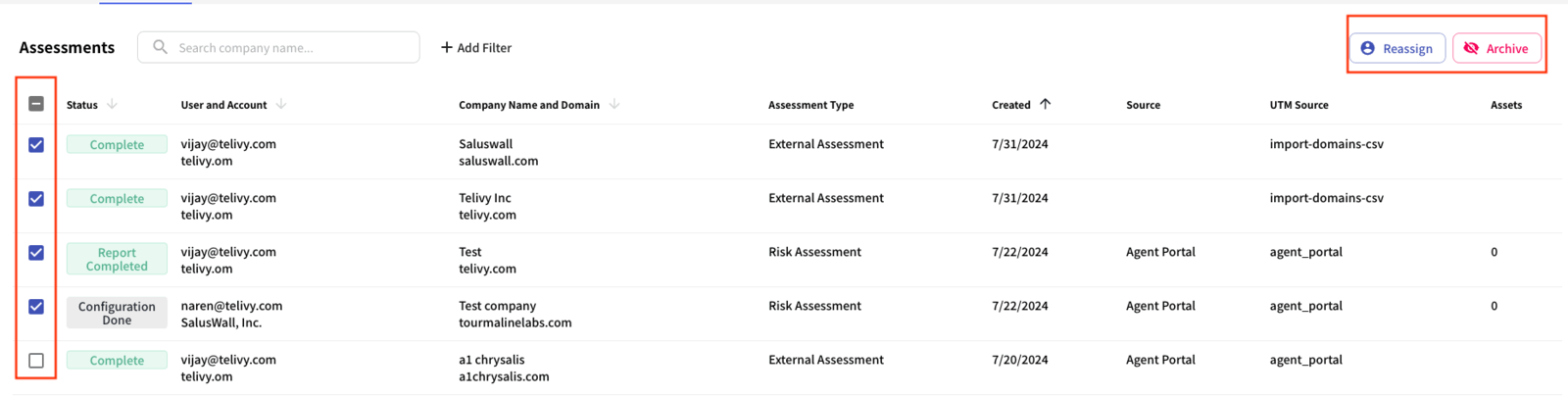 Bulk reassign or archive assessments from the dashboard