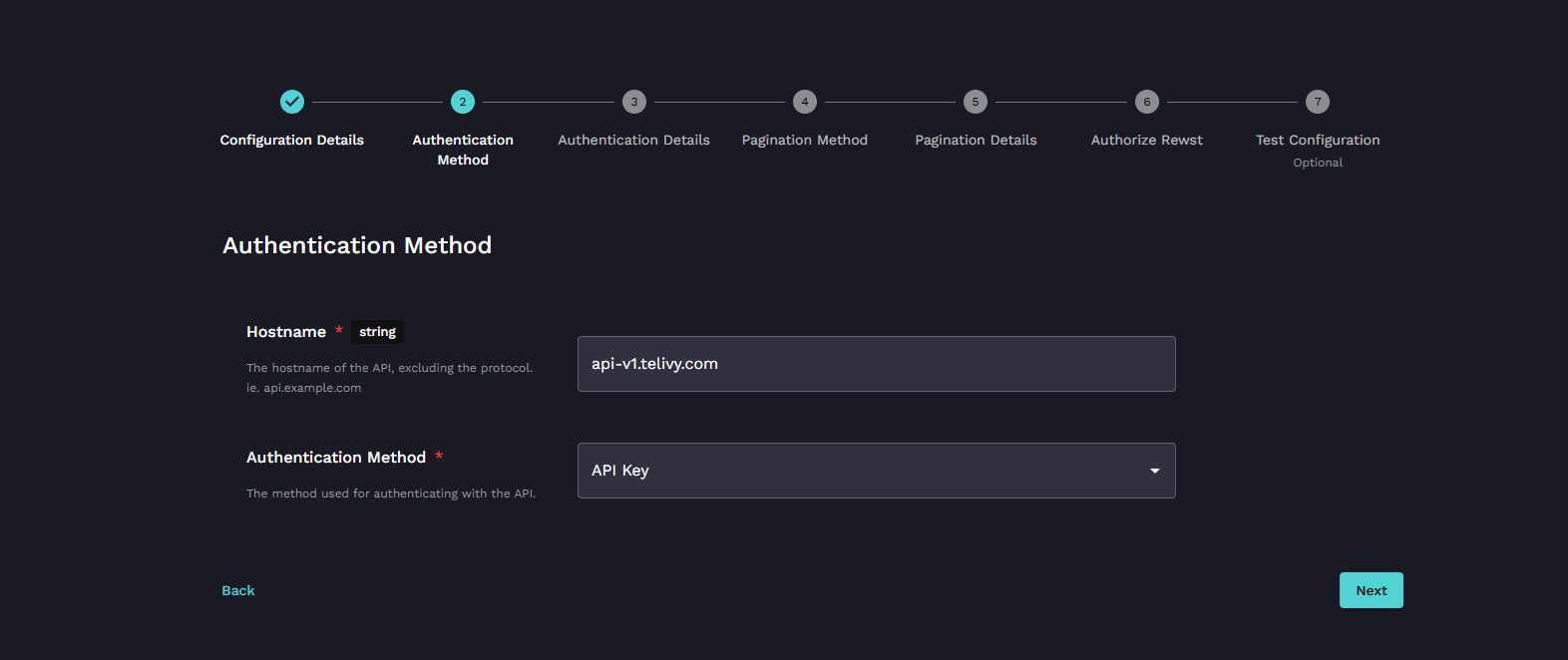 Add api-v1.telivy.com as Hostname and choose API Key