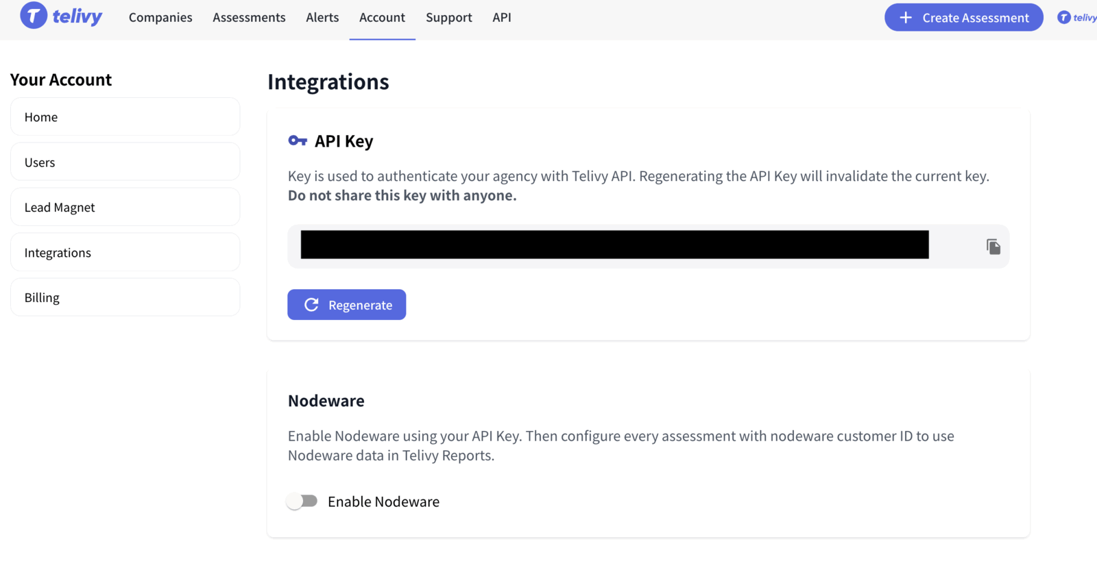 Find your Telivy API key under Account > Integrations