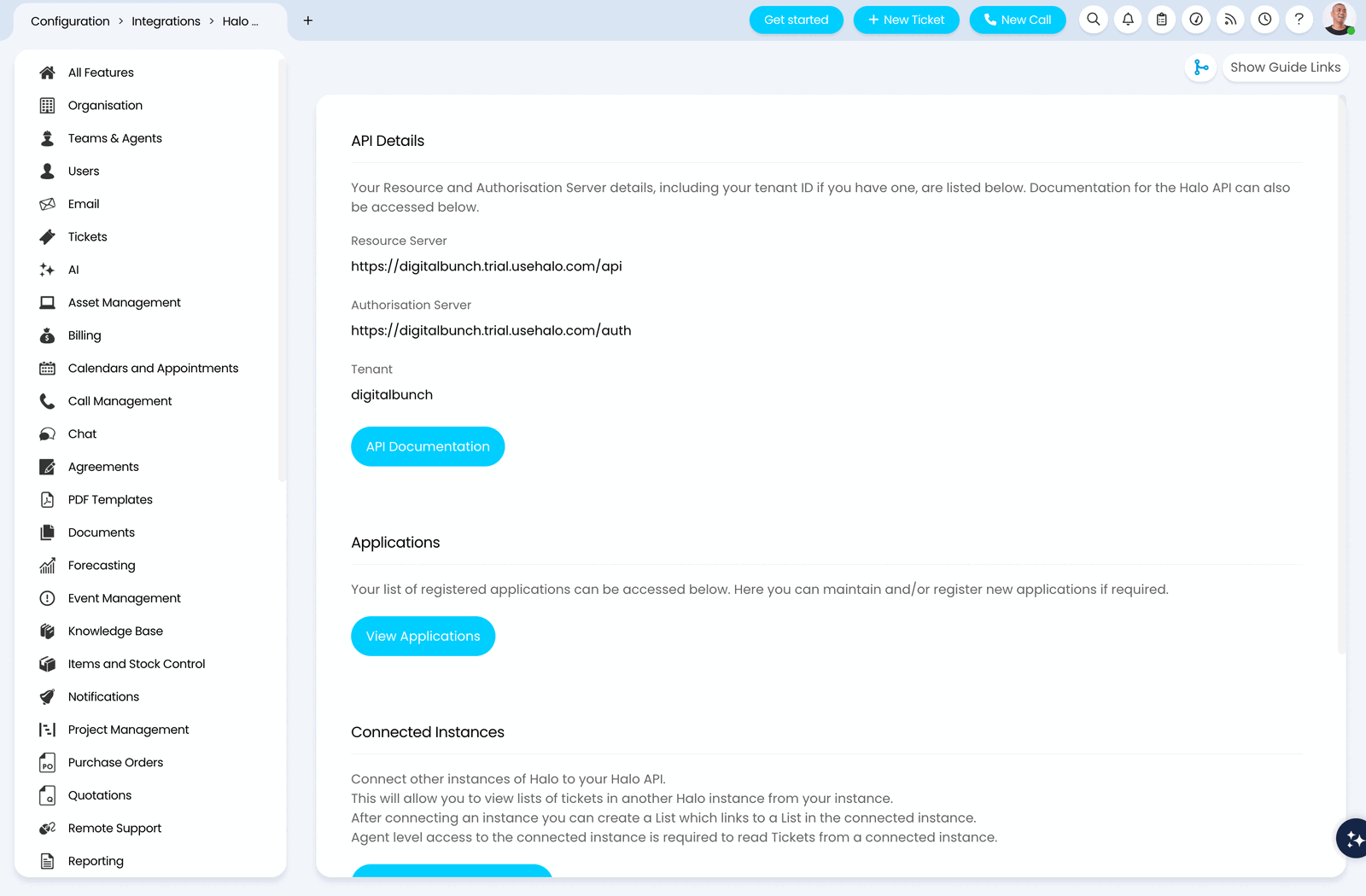 Halo API settings page in HaloPSA showing API Details and the View Applications button