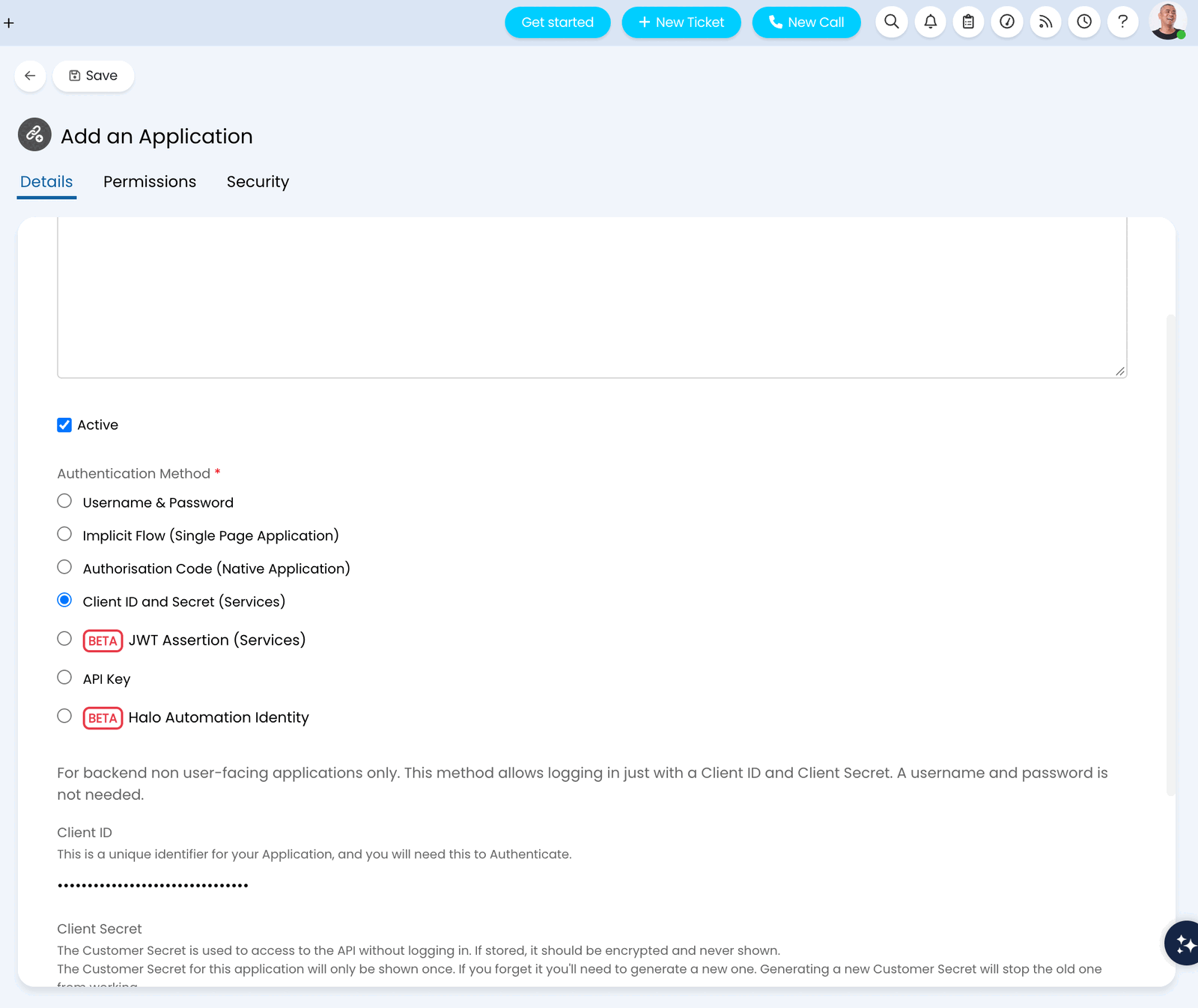 Add an Application form in HaloPSA with Client ID and Secret (Services) selected as the authentication method