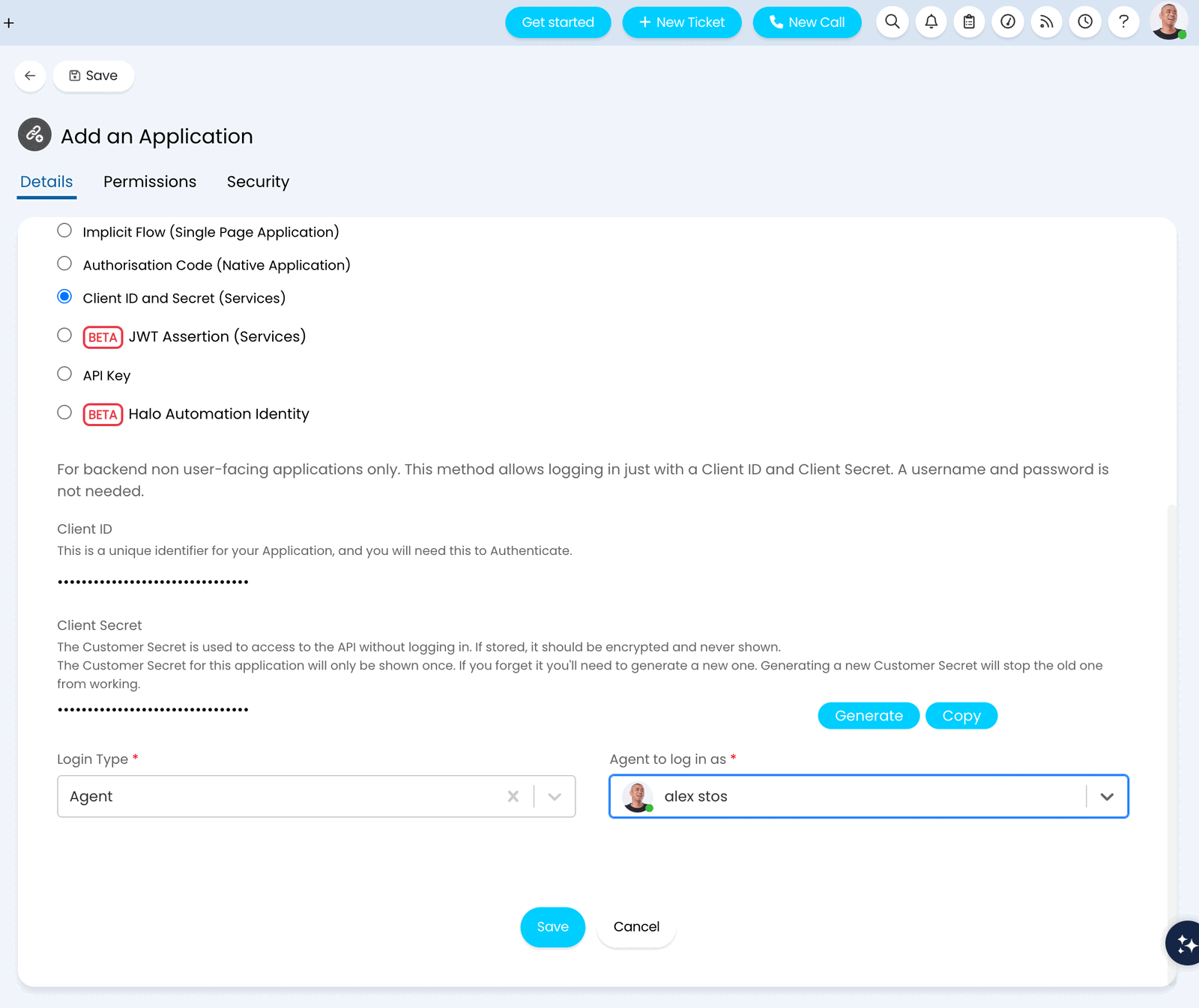 HaloPSA application details with the generated Client ID and Client Secret masked, Login Type set to Agent and an agent selected