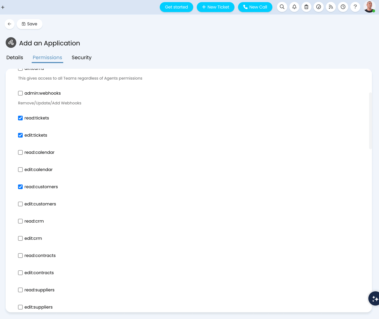 Permissions tab of the HaloPSA application with read:tickets, edit:tickets and read:customers ticked
