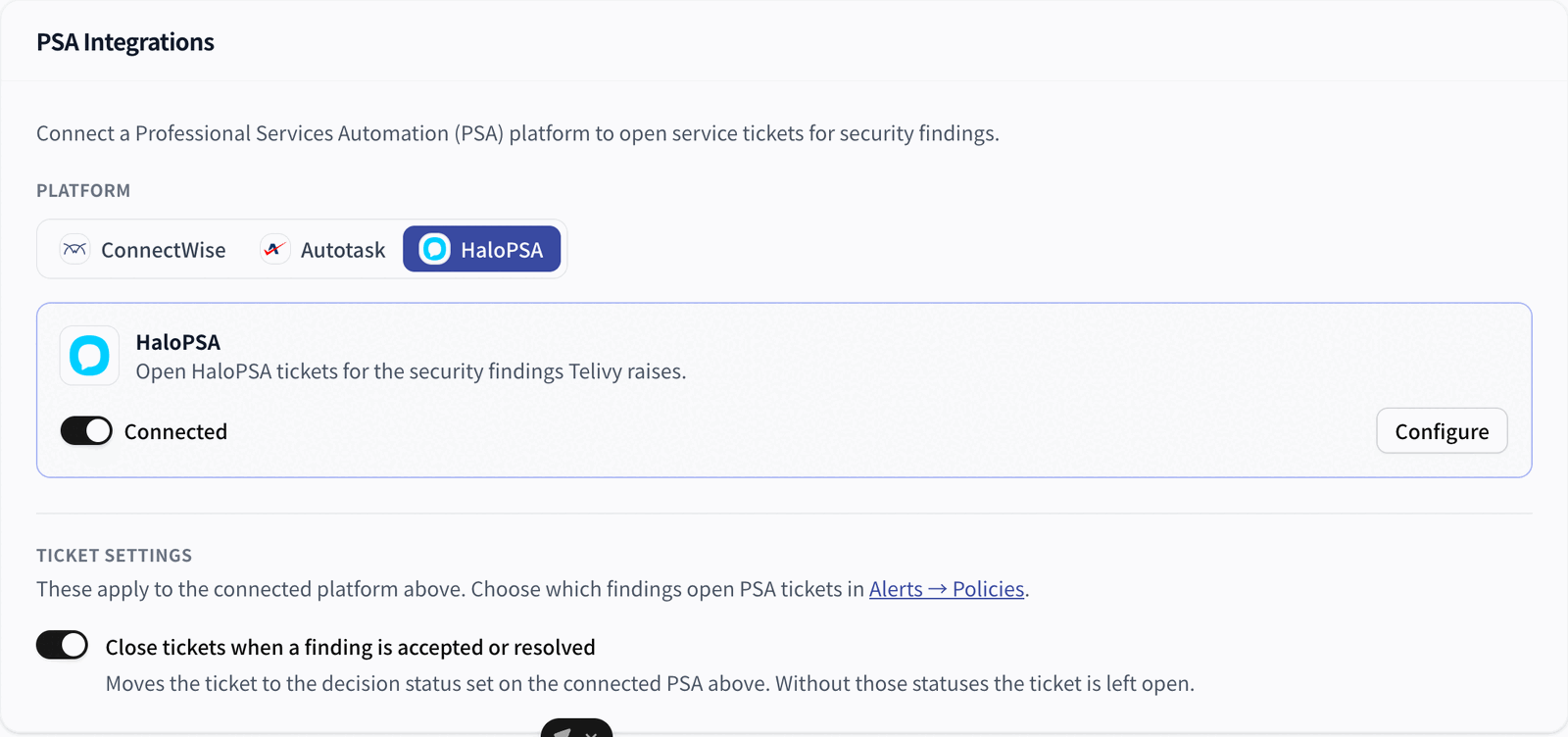 PSA Integrations section in Telivy with HaloPSA chosen in the Platform picker