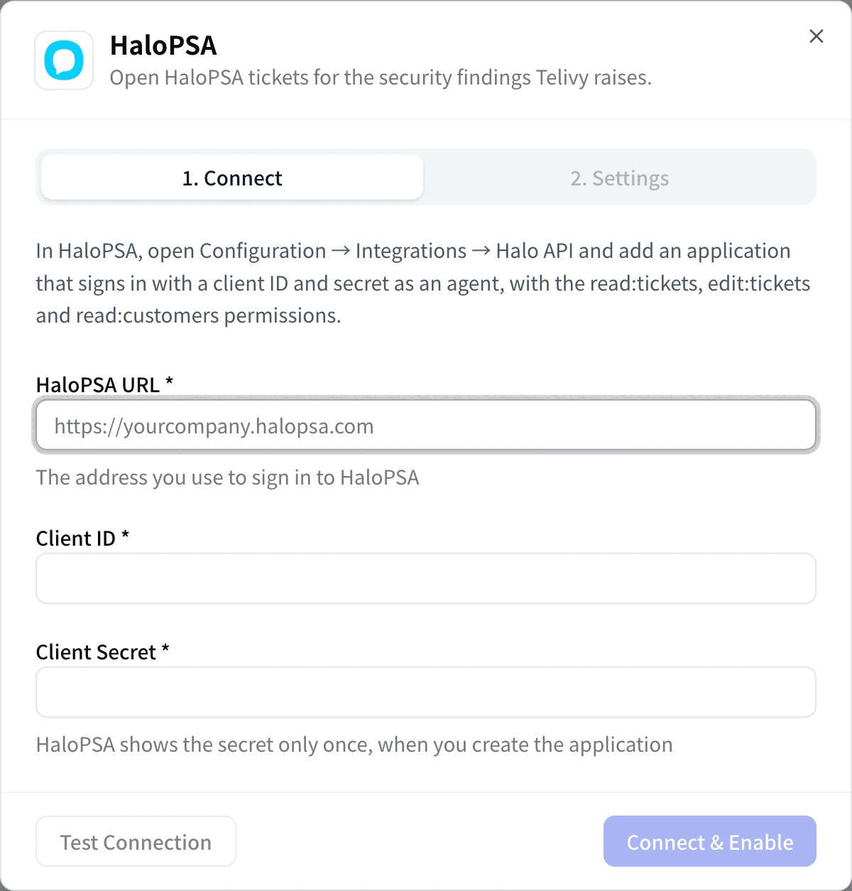 The Connect tab of the HaloPSA dialog in Telivy with fields for HaloPSA URL, Client ID and Client Secret, and the Test Connection and Connect & Enable buttons