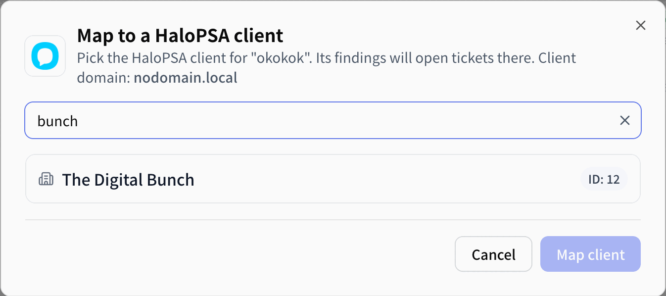 Map to a HaloPSA client dialog in Telivy with search results from Halo