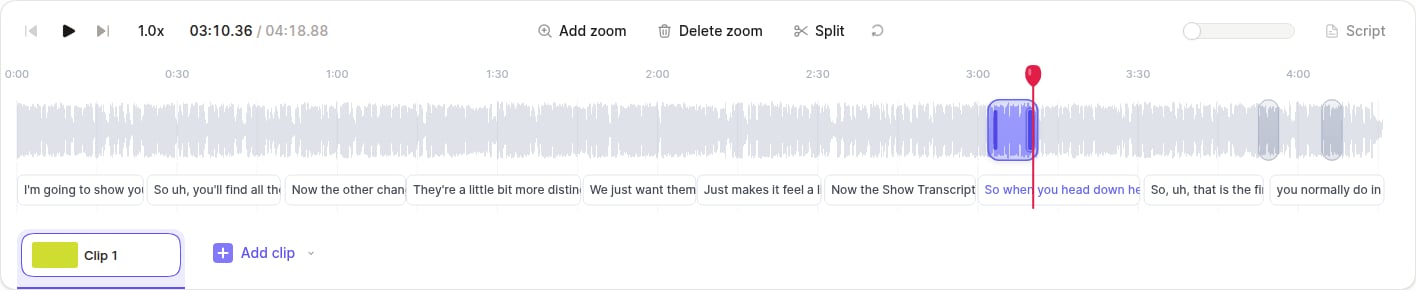 The Zoom timeline with zoom cards over the waveform and transcript