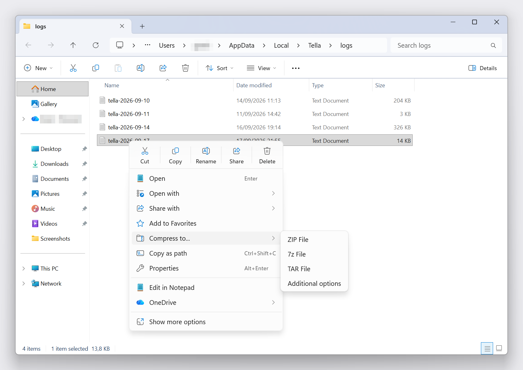 The right-click menu on a log file with Compress to… open and ZIP File in the submenu
