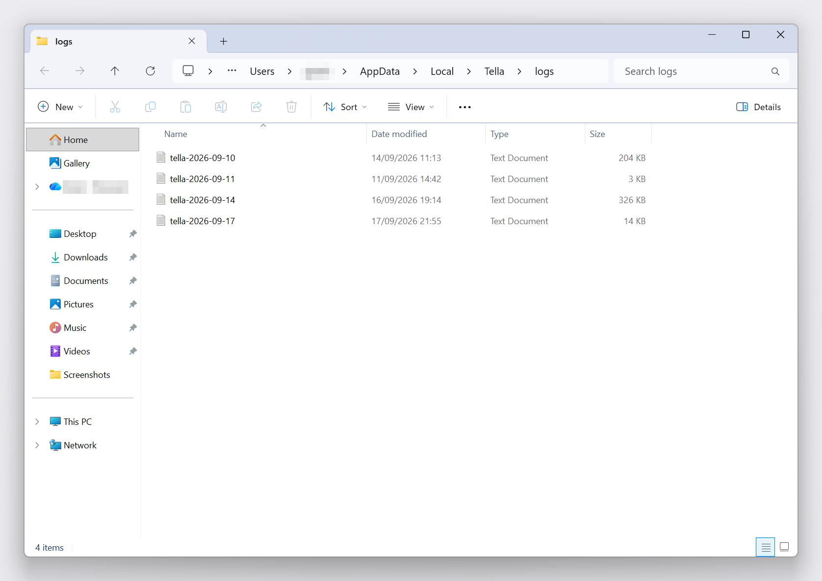 File Explorer showing the Tella logs folder with one log file per day