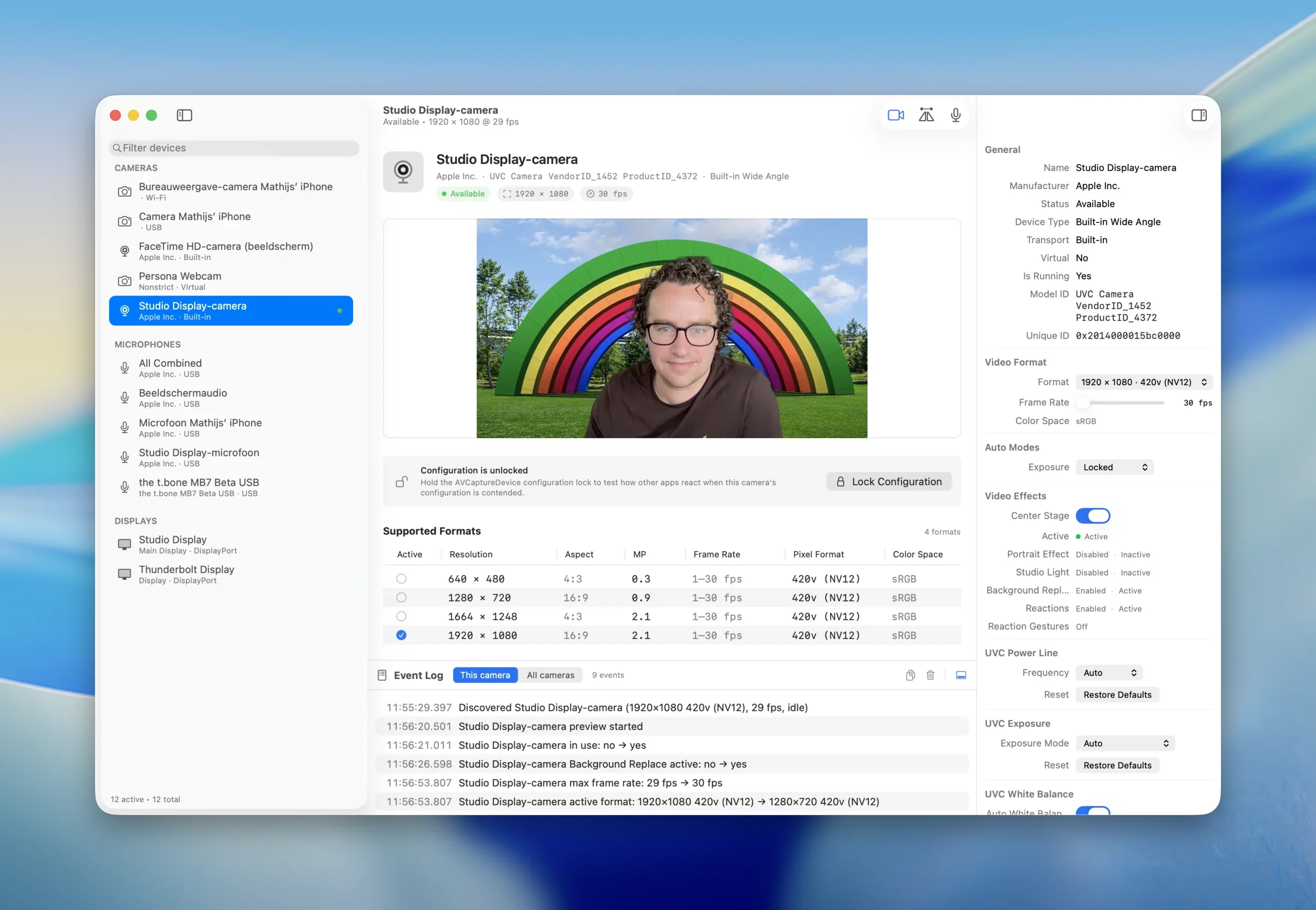 Capture Inspector inspecting a connected camera on macOS