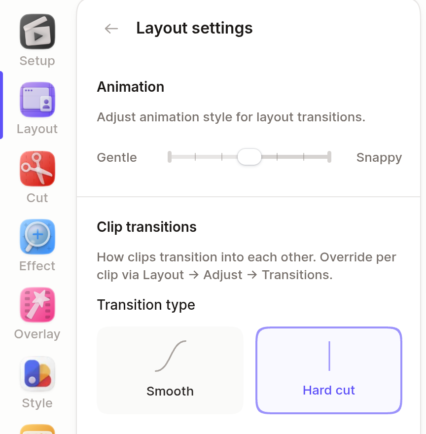 Clip transitions under Layout settings in the Tella editor, with Smooth and Hard cut options