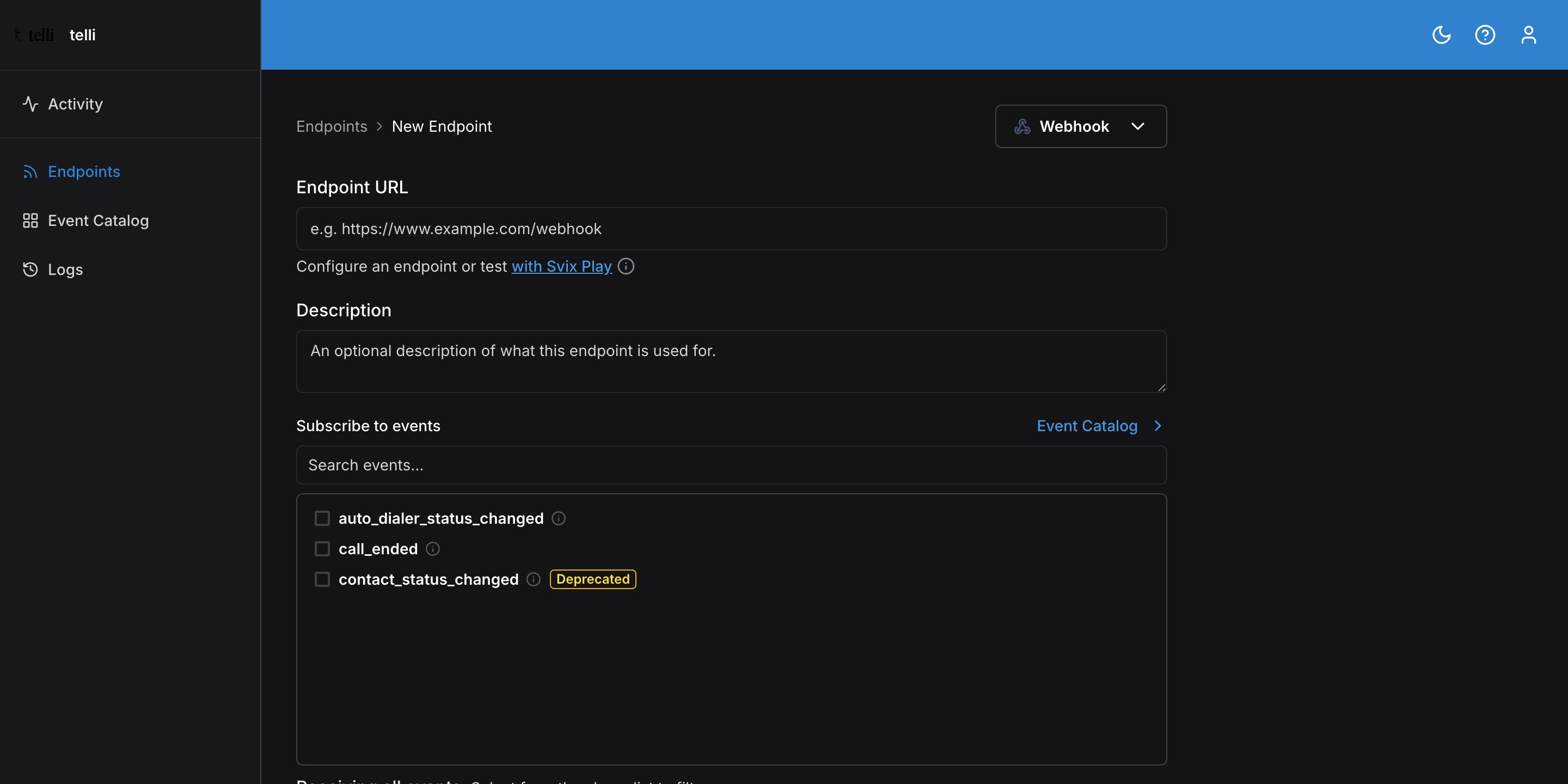 Das Formular für einen neuen Endpoint mit URL-Feld und Event-Auswahl