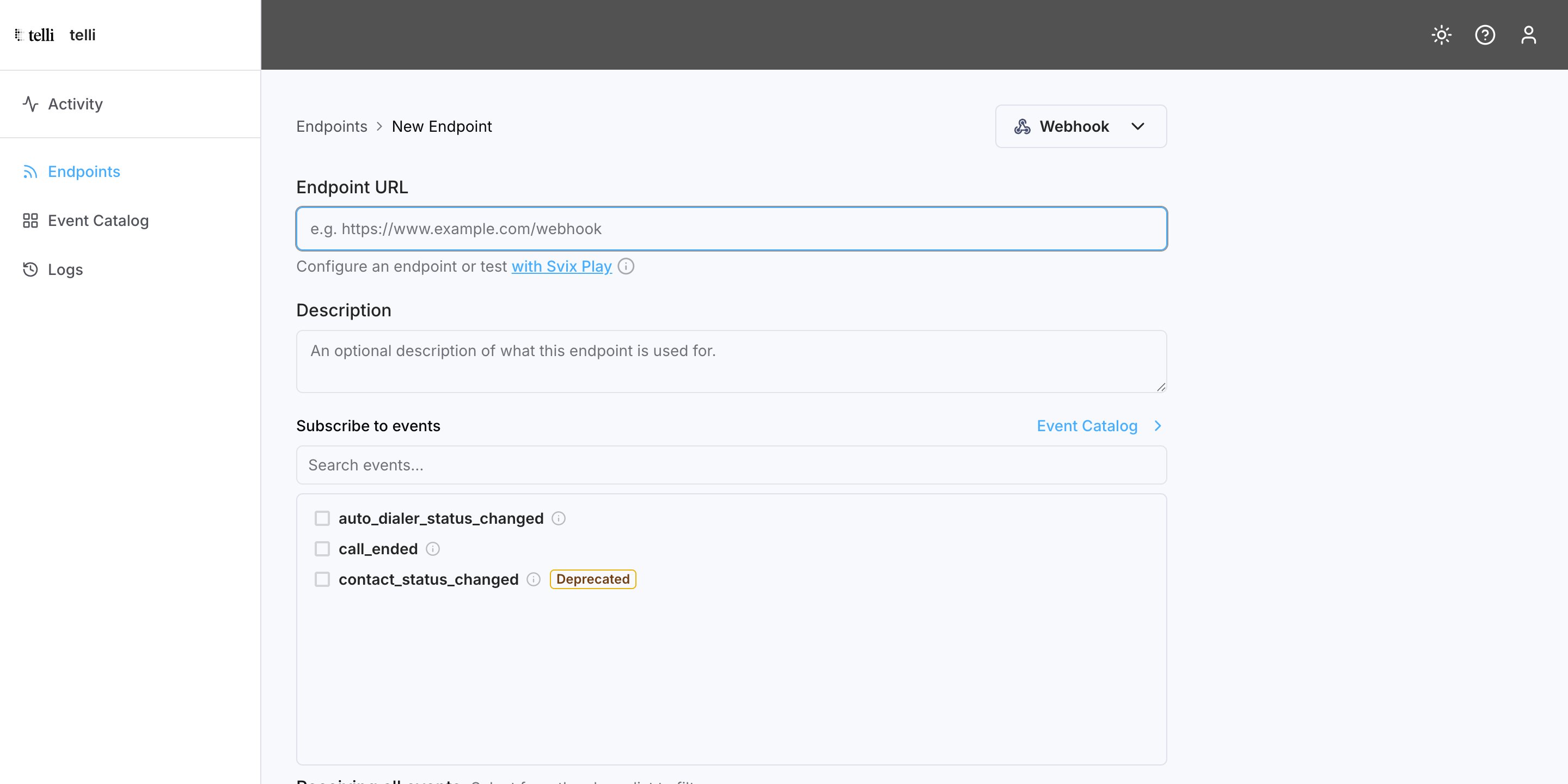 Das Formular für einen neuen Endpoint mit URL-Feld und Event-Auswahl