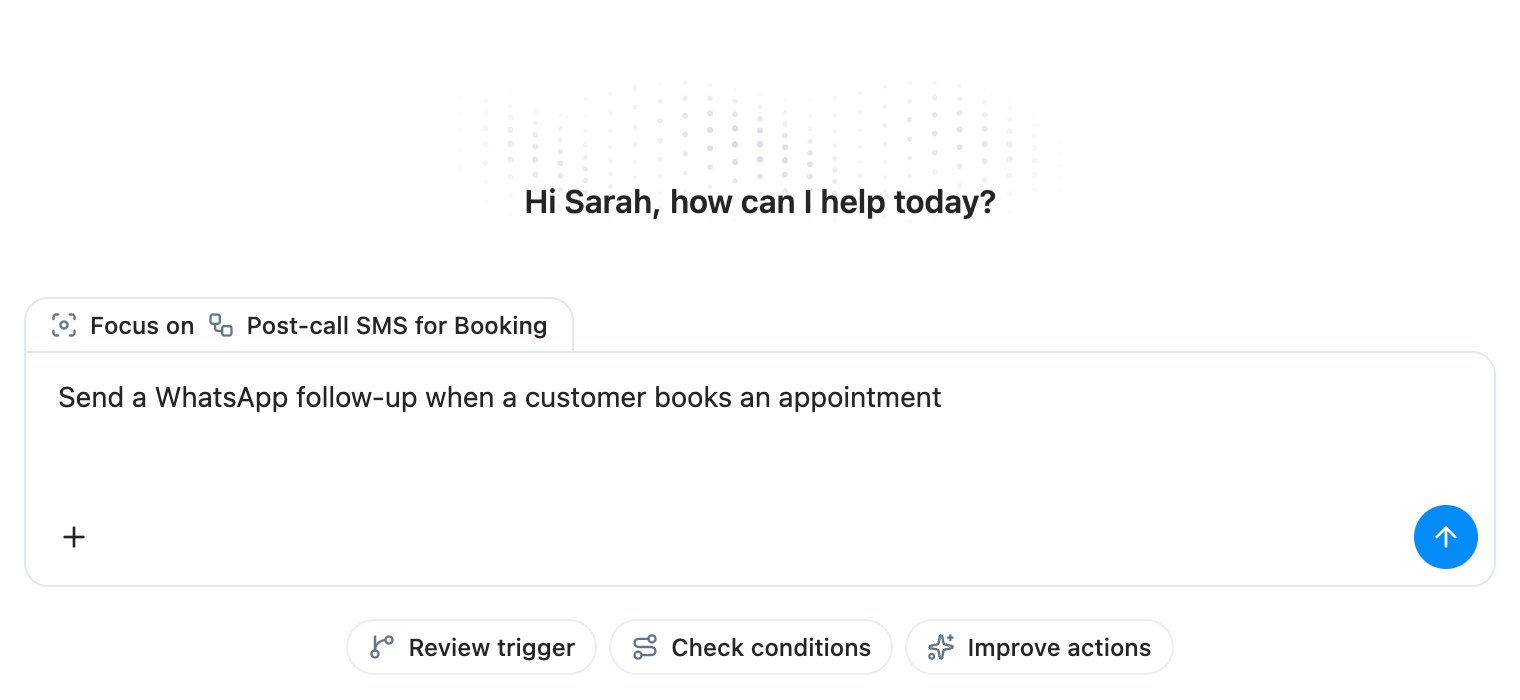 Fullscreen Ask Charlie welcome view focused on a Booking follow-ups workflow, with a WhatsApp appointment prompt typed into the input
