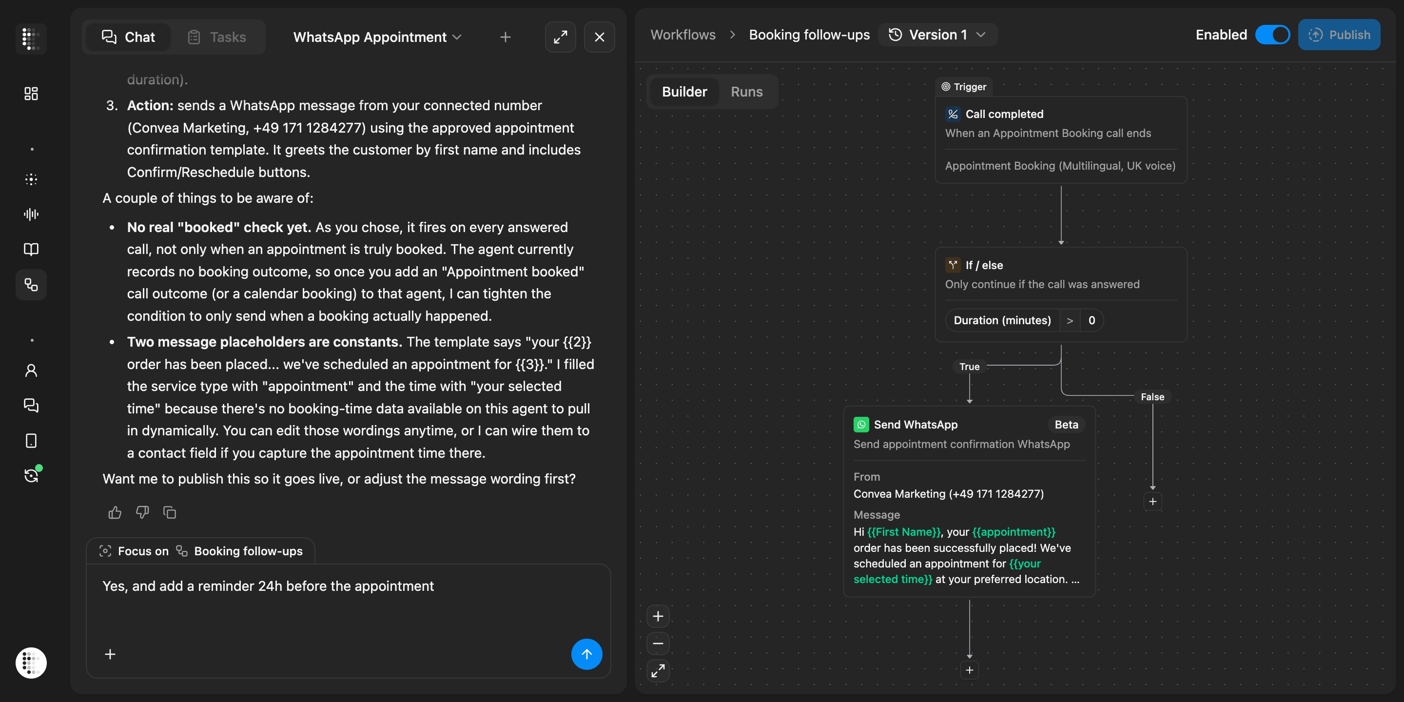 Charlie chat next to a workflow builder showing it built a Call completed trigger, an If/else answered-call check, and a Send WhatsApp appointment confirmation block, and asks to publish