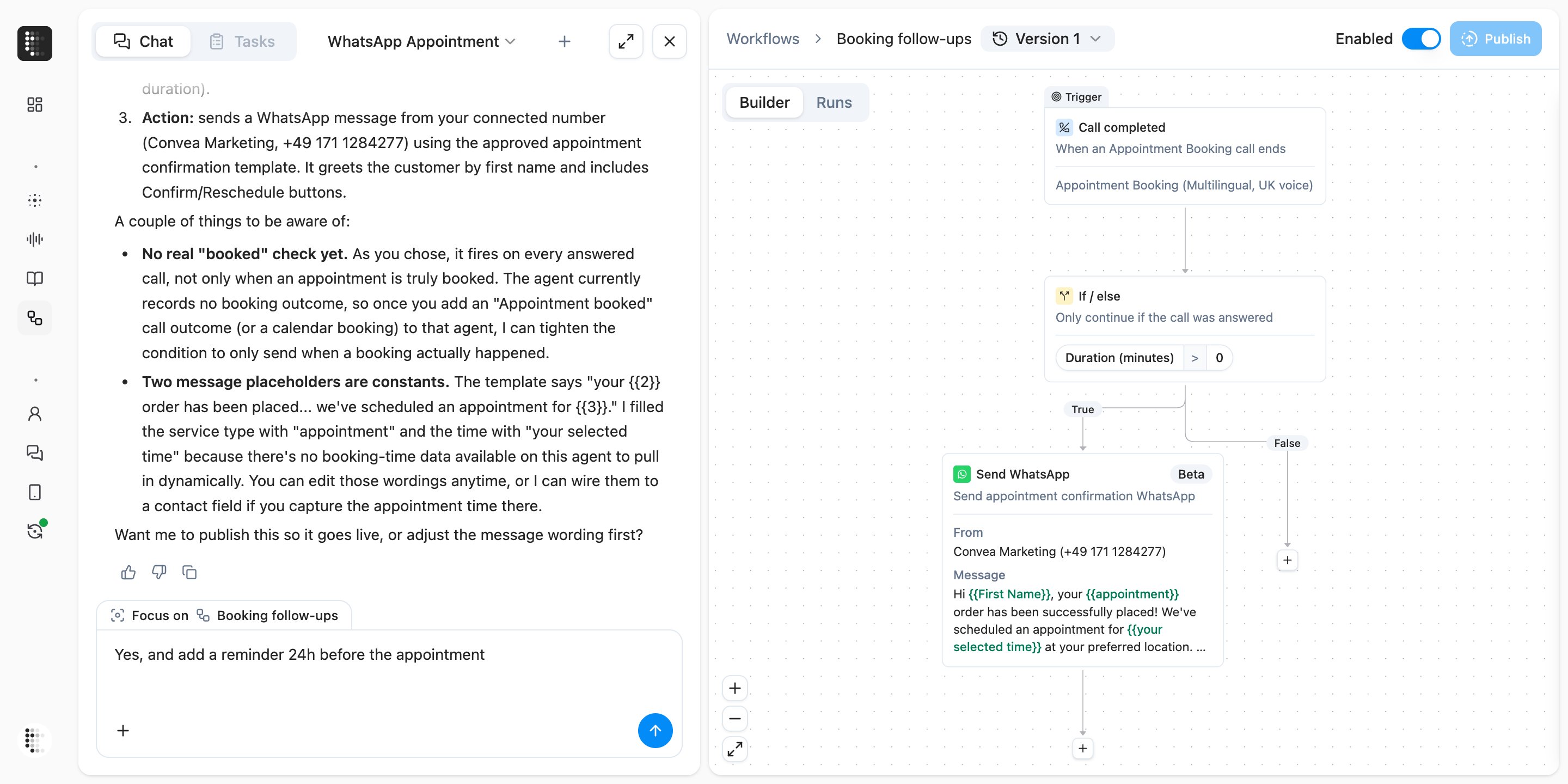 Charlie chat next to a workflow builder showing it built a Call completed trigger, an If/else answered-call check, and a Send WhatsApp appointment confirmation block, and asks to publish