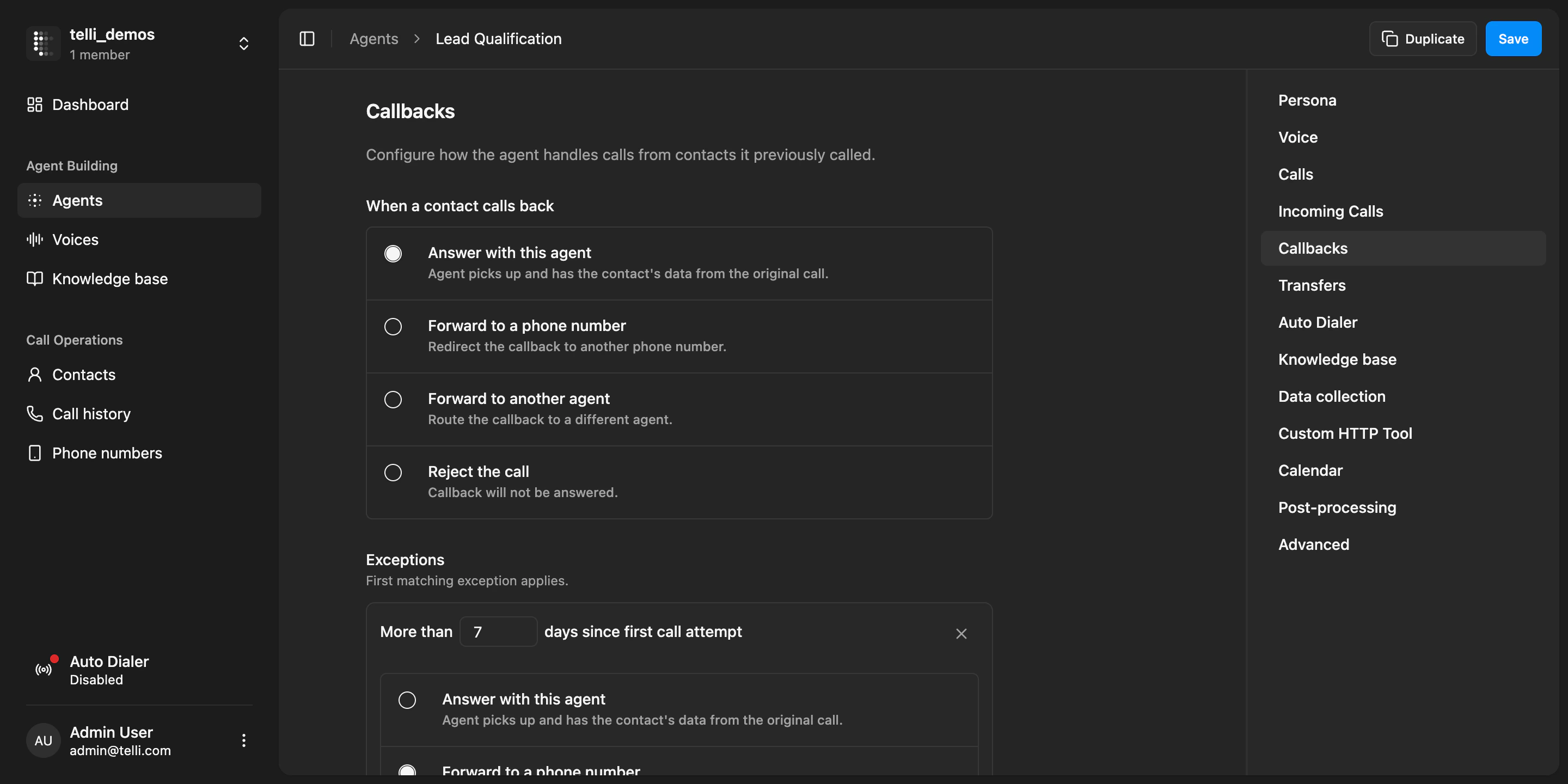 Callback configuration with separate callback actions and account-level fallback for inbound calls