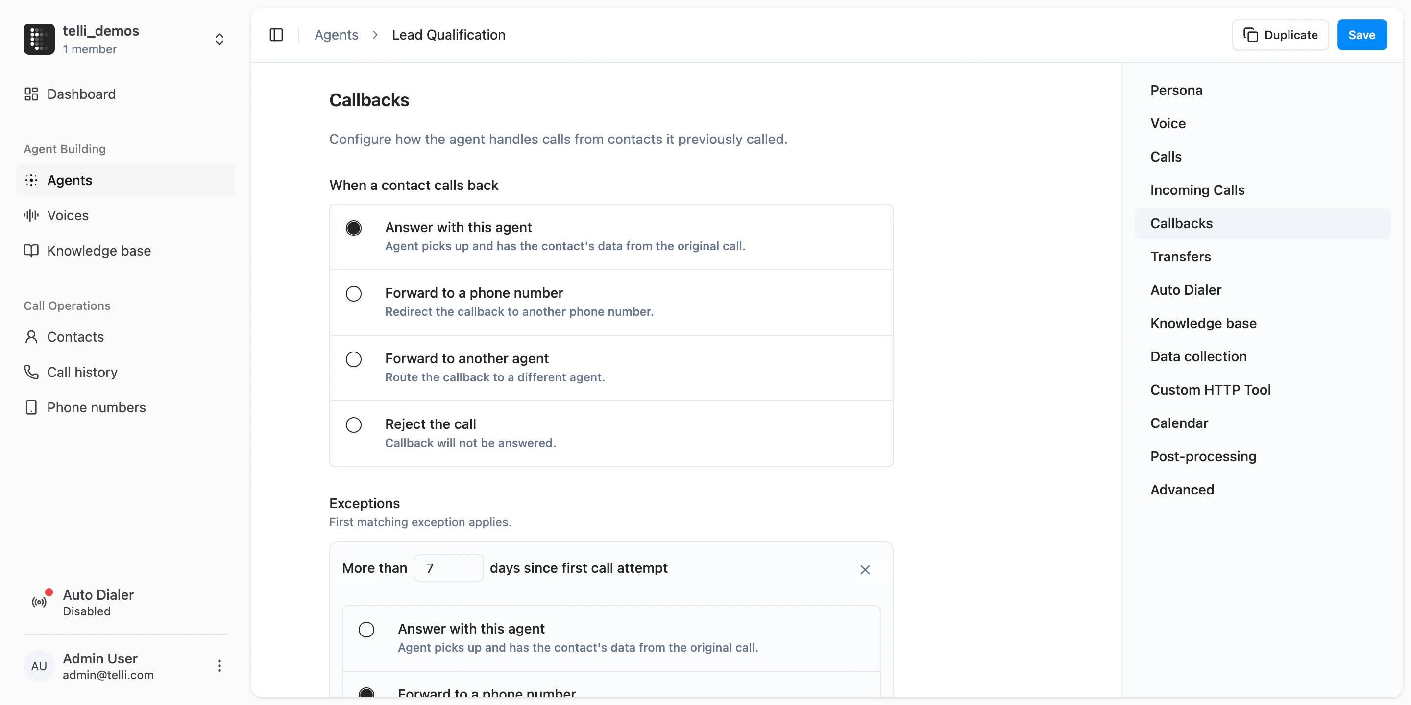 Callback configuration with separate callback actions and account-level fallback for inbound calls