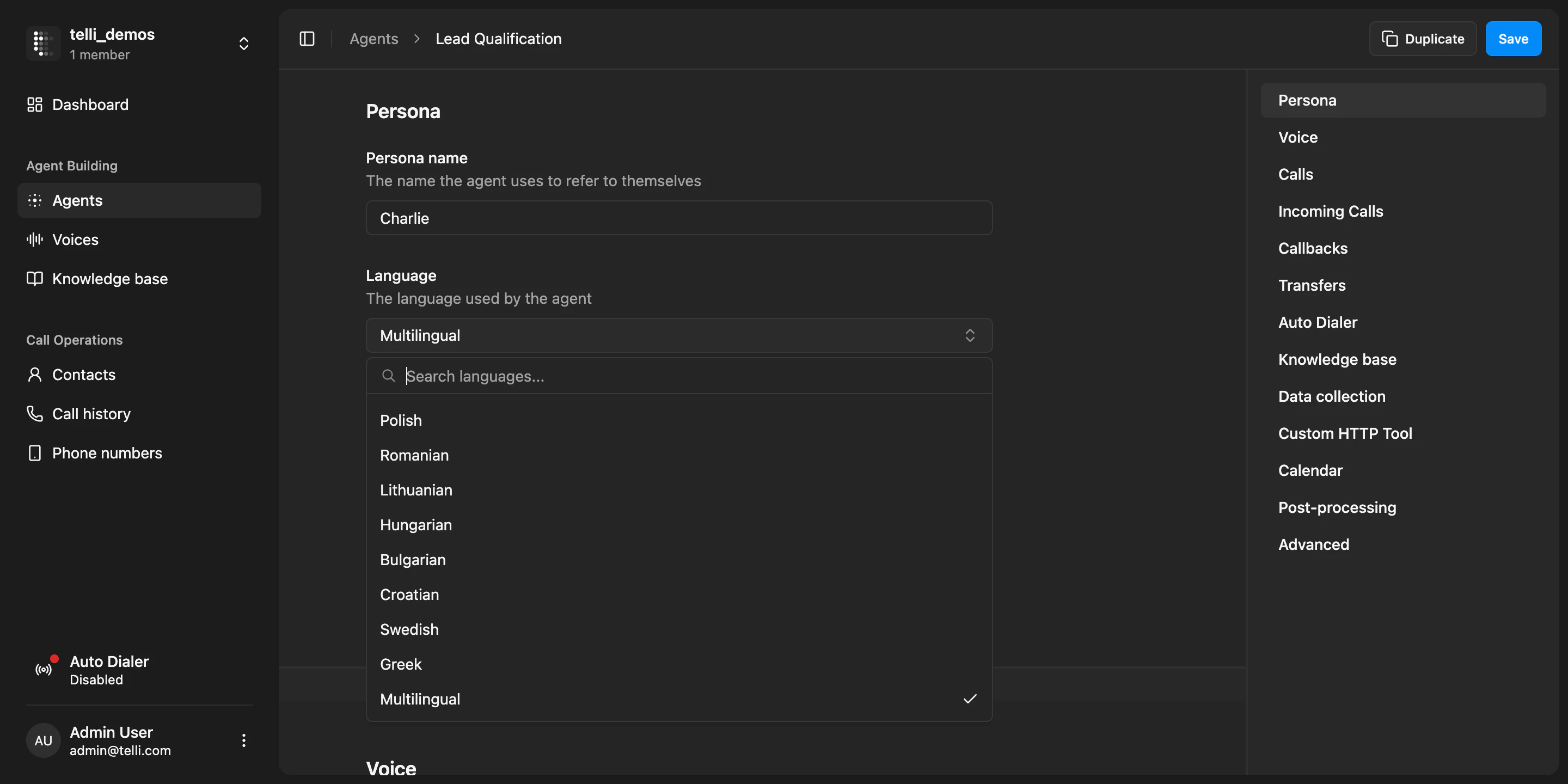Agent language settings with the full language dropdown and multilingual option