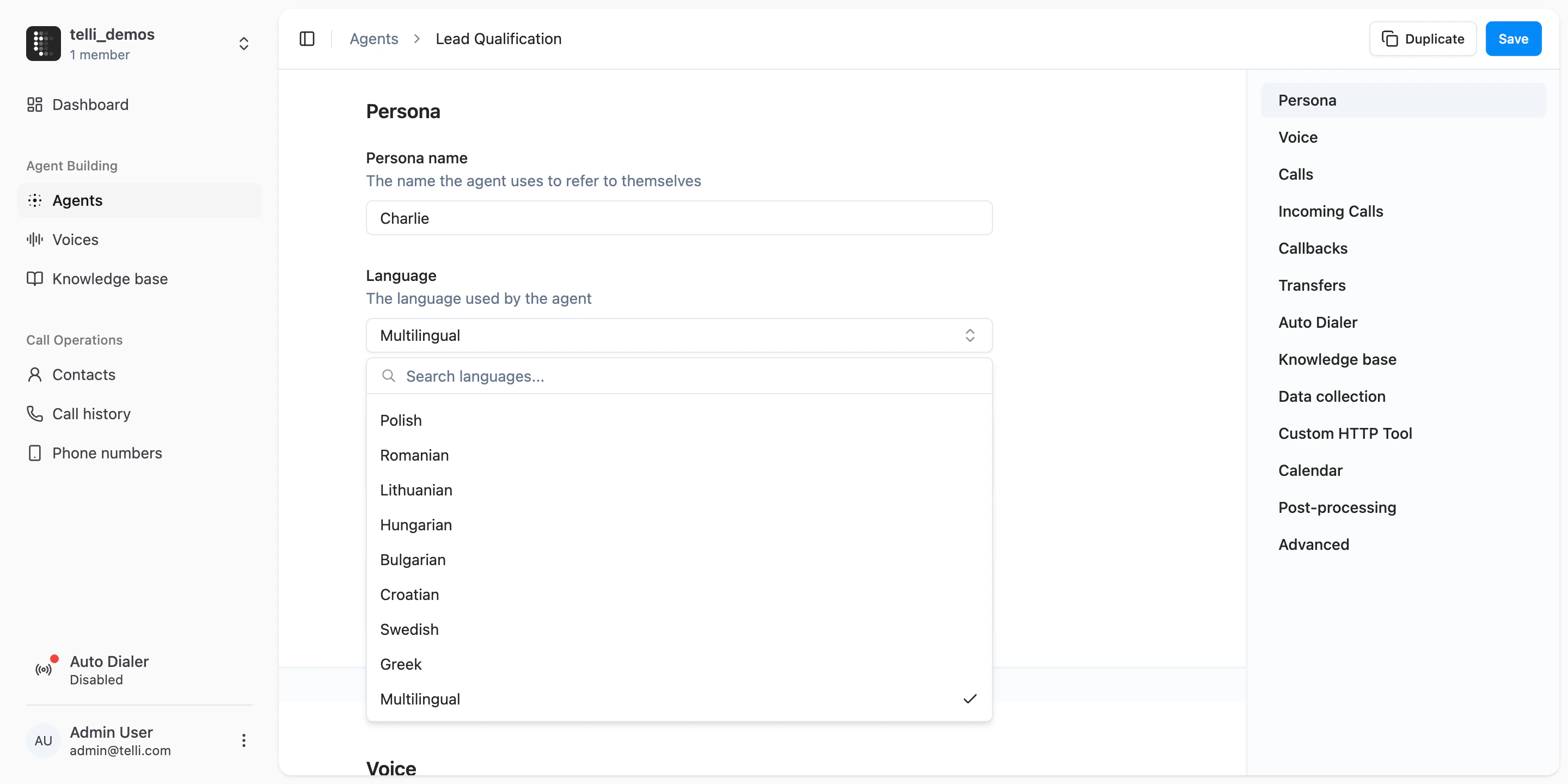 Agent language settings with the full language dropdown and multilingual option