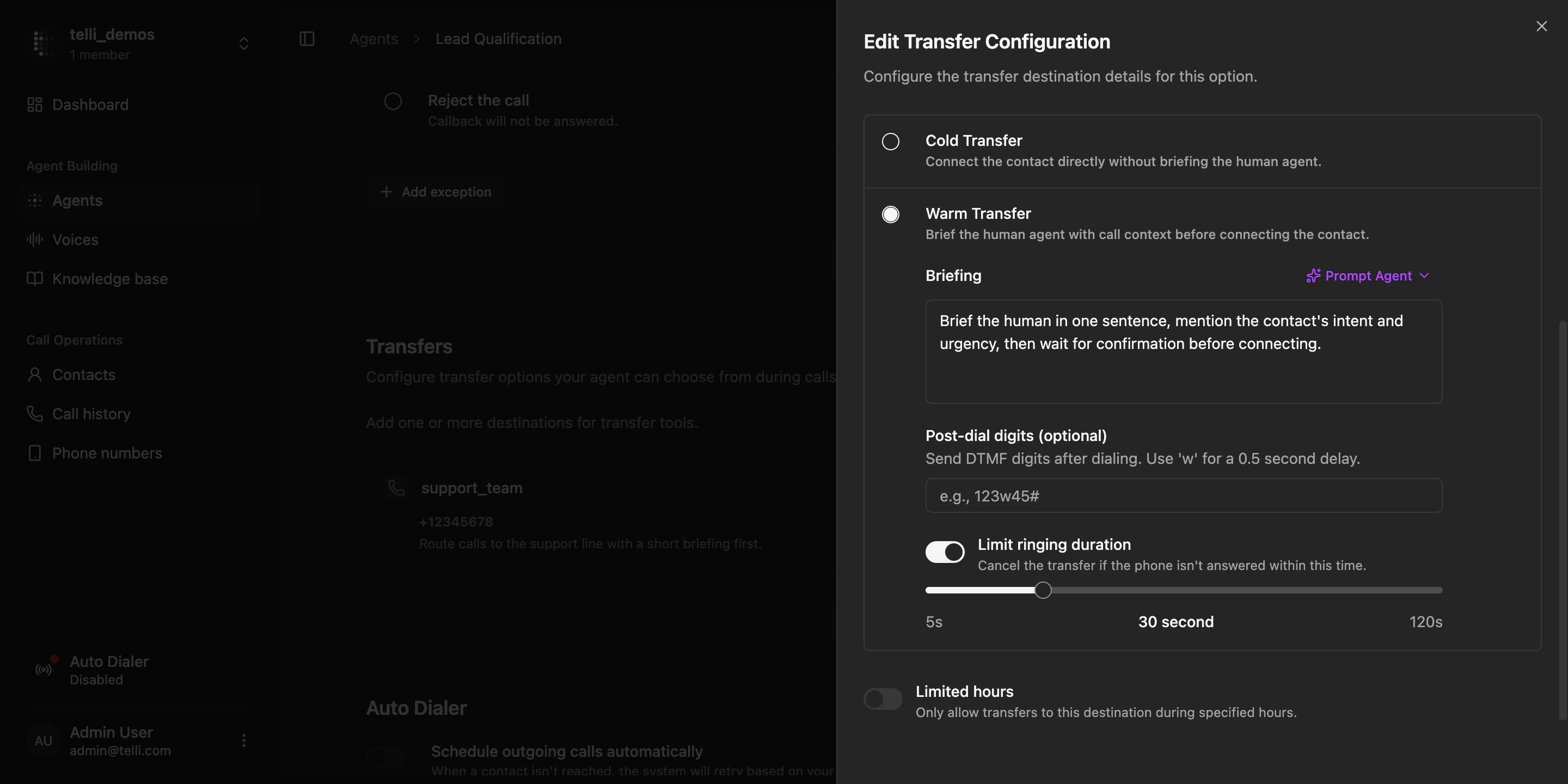 Warm transfer settings with briefing options and ringing duration limit
