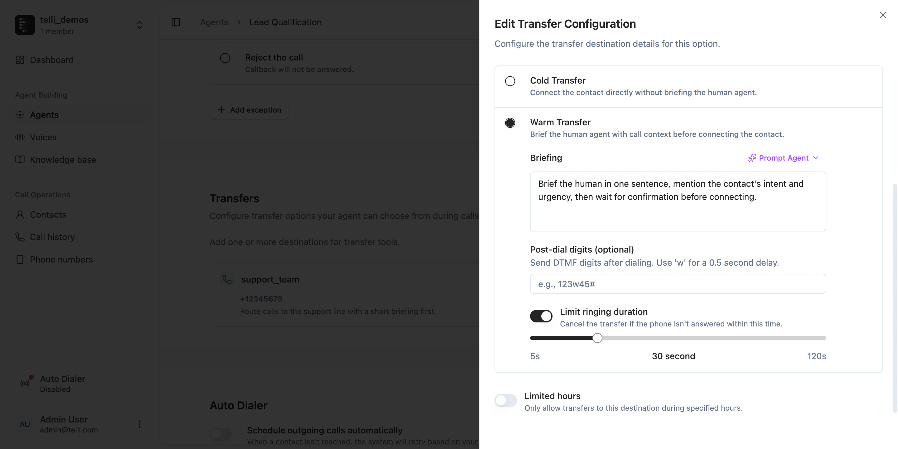 Warm transfer settings with briefing options and ringing duration limit