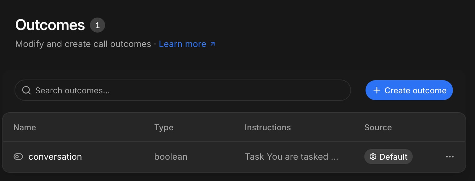 Account settings with the default conversation outcome