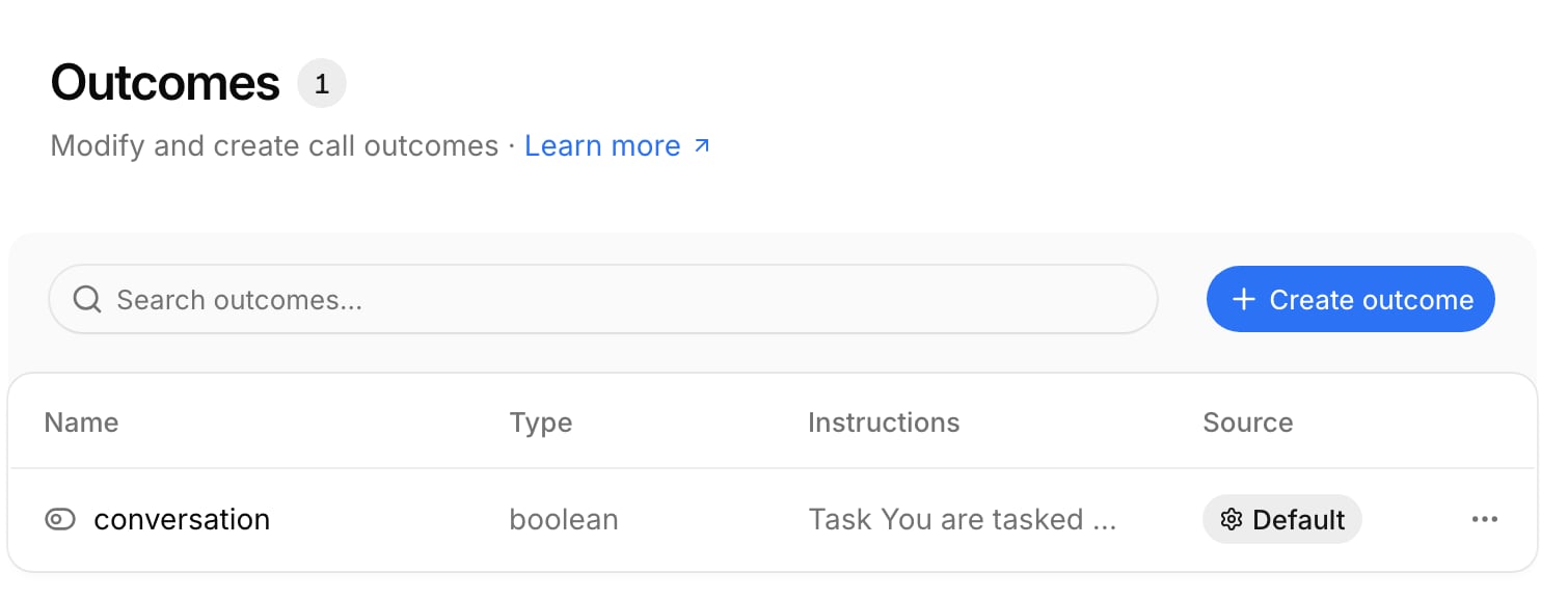 Account settings with the default conversation outcome