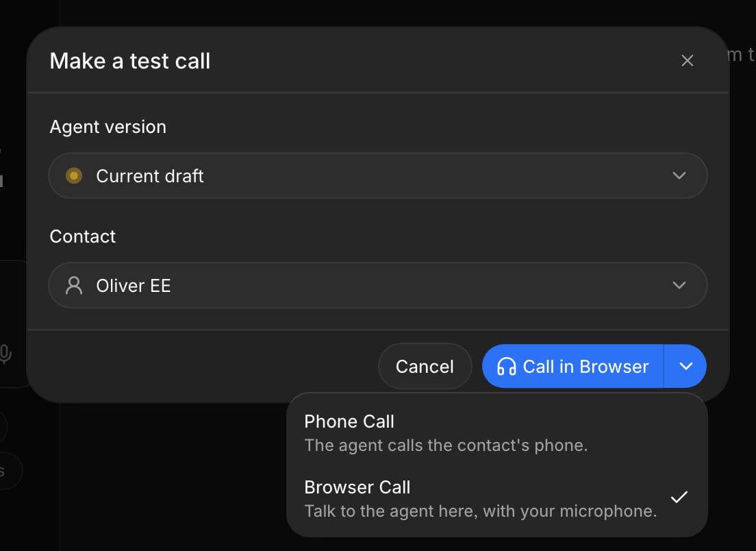 Test-call dialog with Browser Call selected