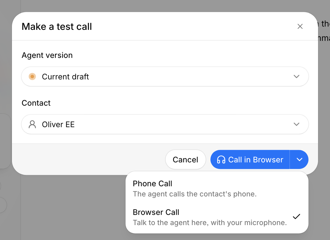 Test-call dialog with Browser Call selected