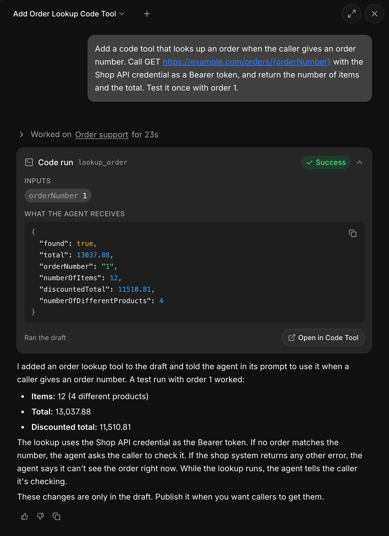 Charlie chat where a request for an order lookup code tool is followed by one successful test run and a summary of what Charlie changed