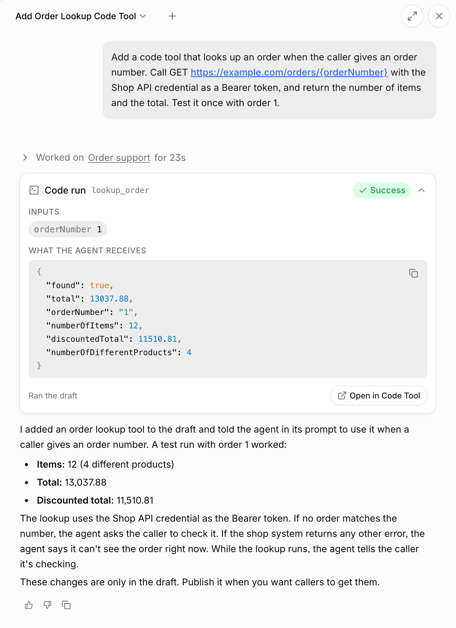 Charlie chat where a request for an order lookup code tool is followed by one successful test run and a summary of what Charlie changed