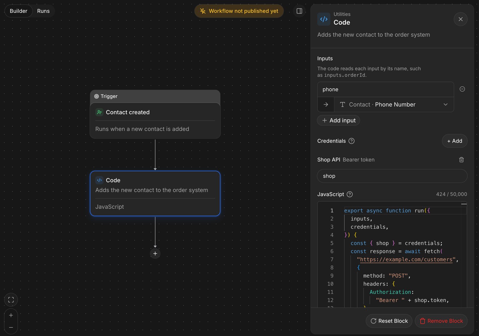 Workflow editor with a Contact created trigger and a Code block, and the Code panel showing a phone input mapped to the contact phone number, the Shop API credential, and JavaScript