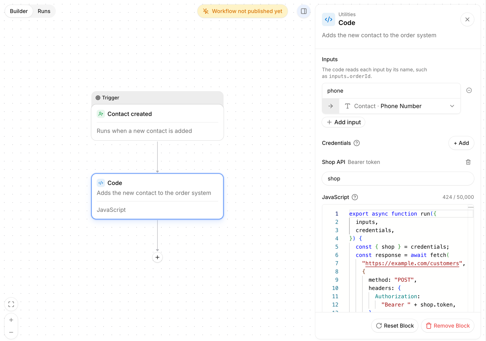Workflow editor with a Contact created trigger and a Code block, and the Code panel showing a phone input mapped to the contact phone number, the Shop API credential, and JavaScript