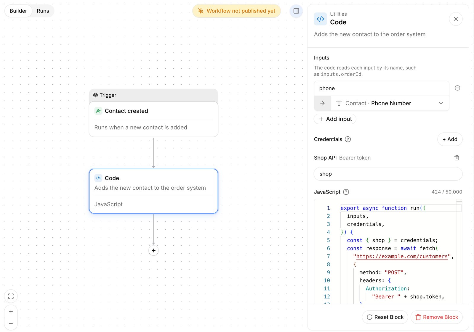 Workflow editor with a Contact created trigger and a Code block, and the Code panel showing a phone input mapped to the contact phone number, the Shop API credential, and JavaScript