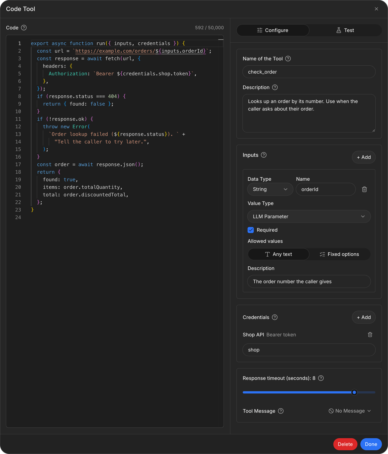 Code tool dialog with JavaScript on the left and the Configure tab on the right showing the tool name, description, an orderId LLM parameter, the Shop API bearer token credential, and a response timeout of 8 seconds