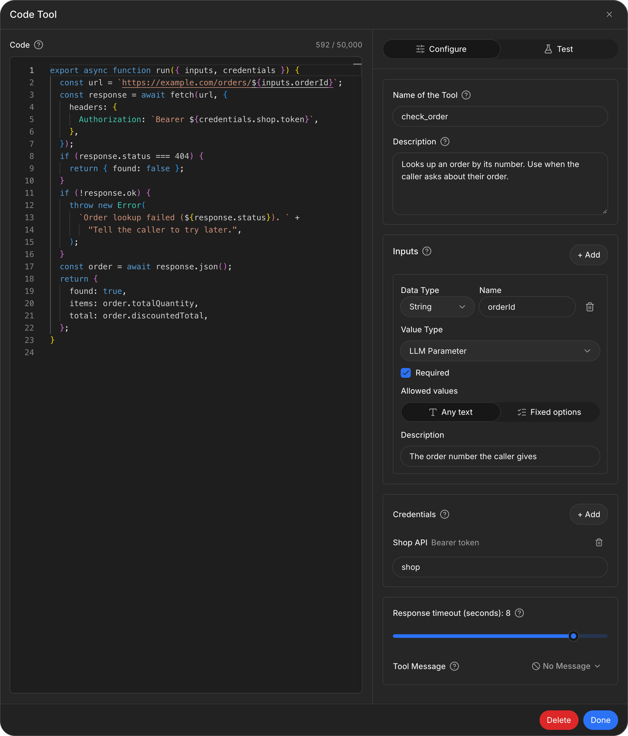 Code tool dialog with JavaScript on the left and the Configure tab on the right showing the tool name, description, an orderId LLM parameter, the Shop API bearer token credential, and a response timeout of 8 seconds